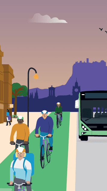 Illustration of people cycling on bike lanes and a bus in Edinburgh