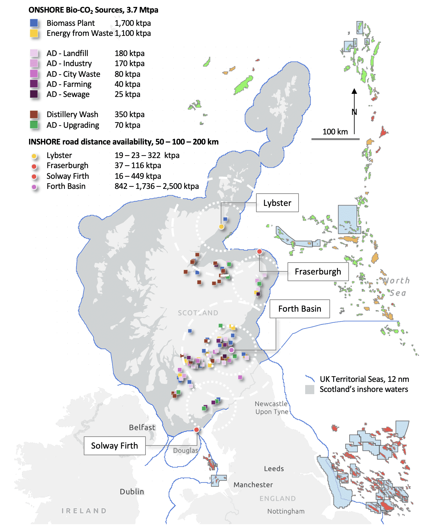 Figure shows the map of Scotland and location of biogenic sources of CO2 (mainly in the central belt and around the Aberdeenshire and Inverness areas) and the location of inshore CO2 storage prospects.
