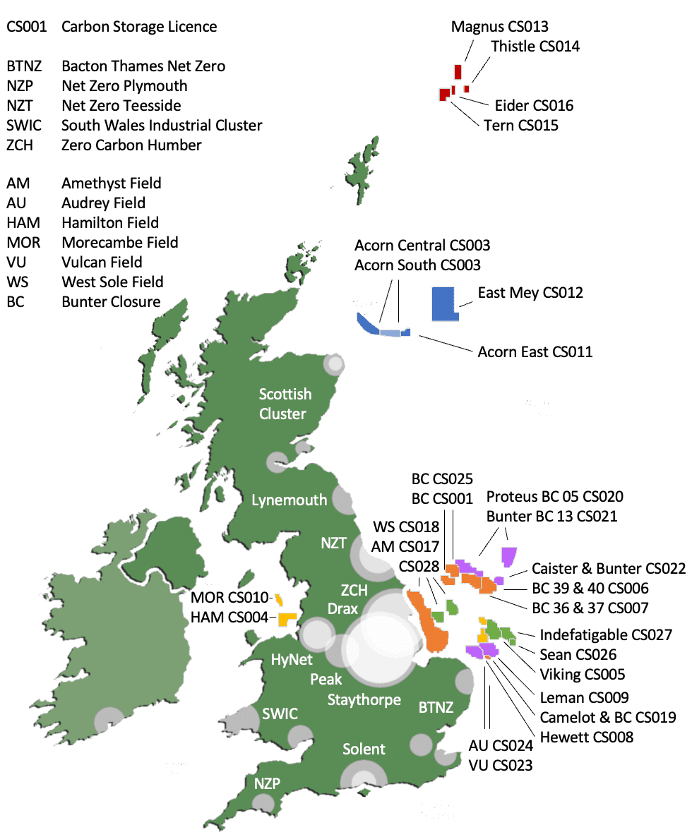 The figure shows a map of the UK with surrounding waters and the offshore storage appraisal licences and fields, two to the east of the Midlands, several to the west of the UK mainland and several to the north of the Shetland islands.