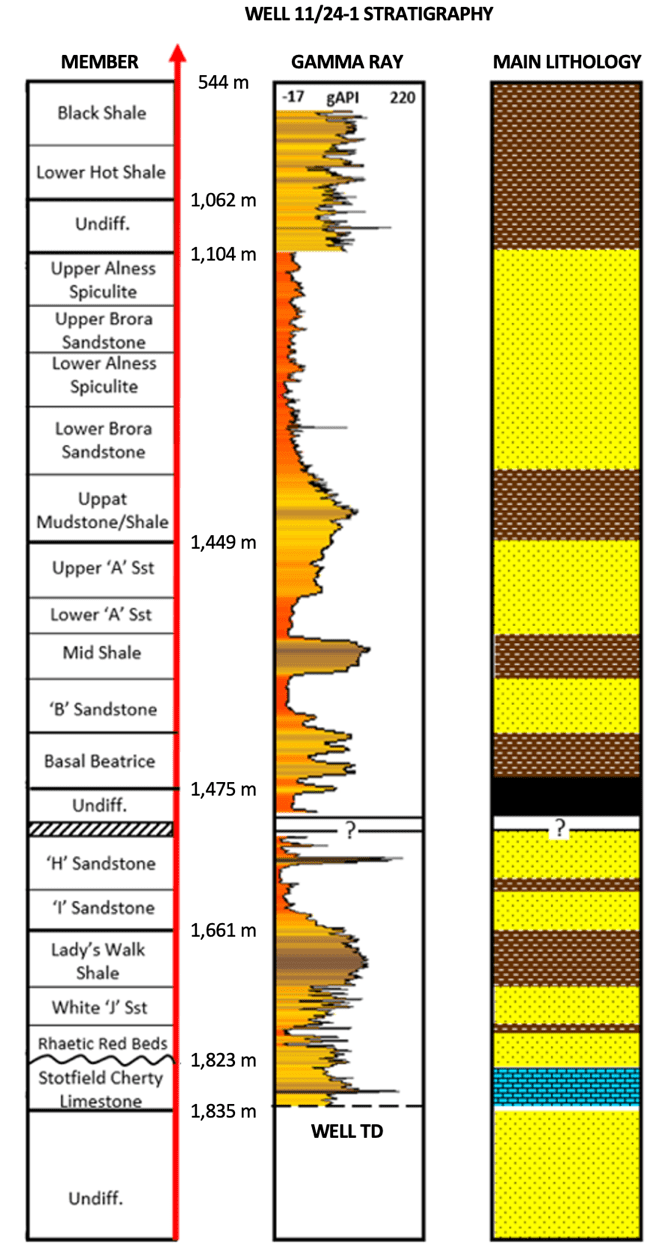 Well 11/24 stratigraphy, gamma rai and main lithology.