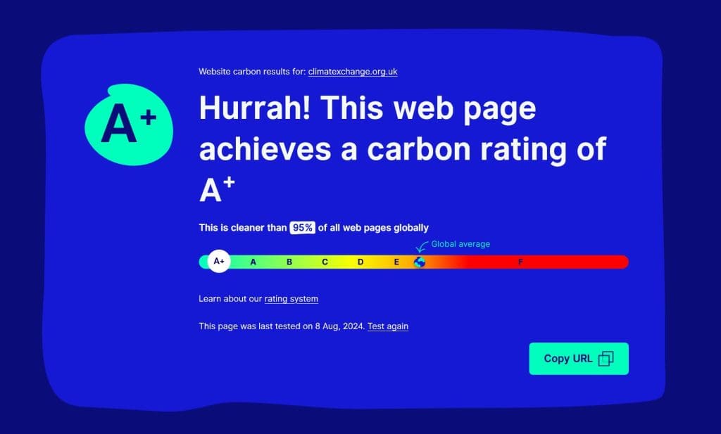 Website carbon results for climatexchange.org.uk. Hurrah! This web page achieves a carbon rating of A+. This is cleaner than 95% of all web pages globally.