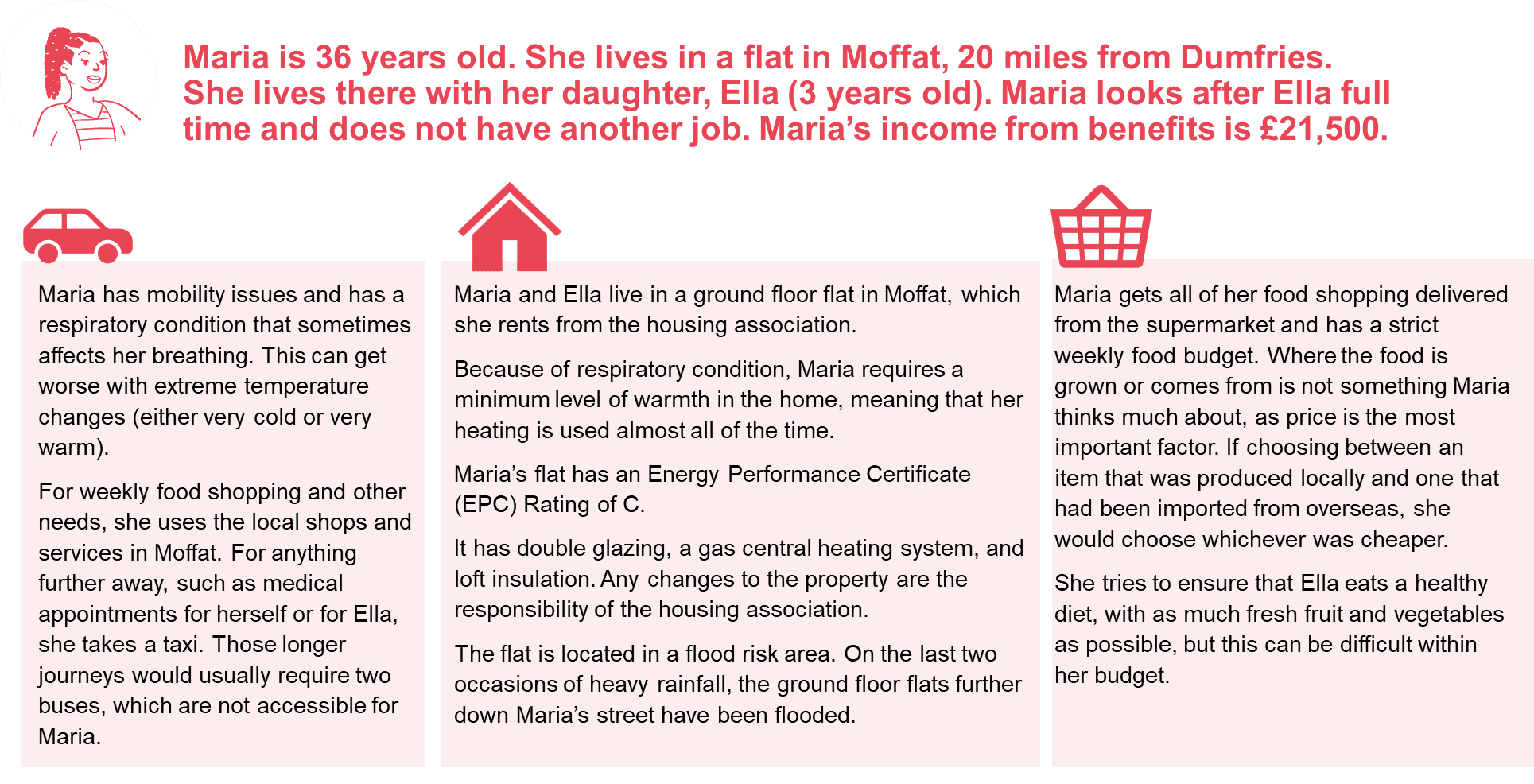 Image summarising stimulus that was used during workshops in phase 1. This describes the character Maria and includes details about her living arrangements, housing situation, modes of transport, and shopping behaviours.