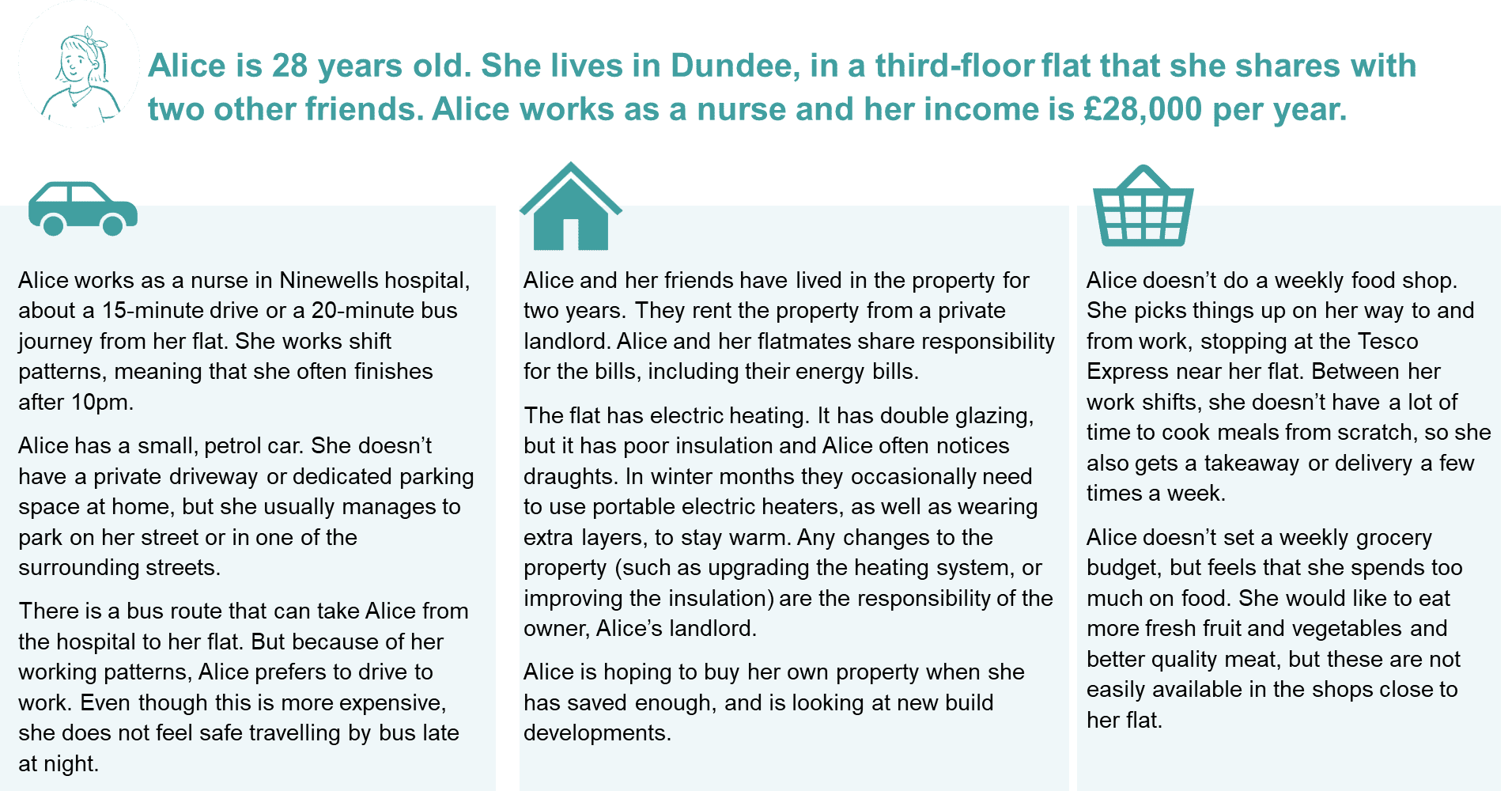 Image summarising stimulus that was used during workshops in phase 1. This describes the character Alice and includes details about her living arrangements, housing situation, modes of transport, and shopping behaviours.