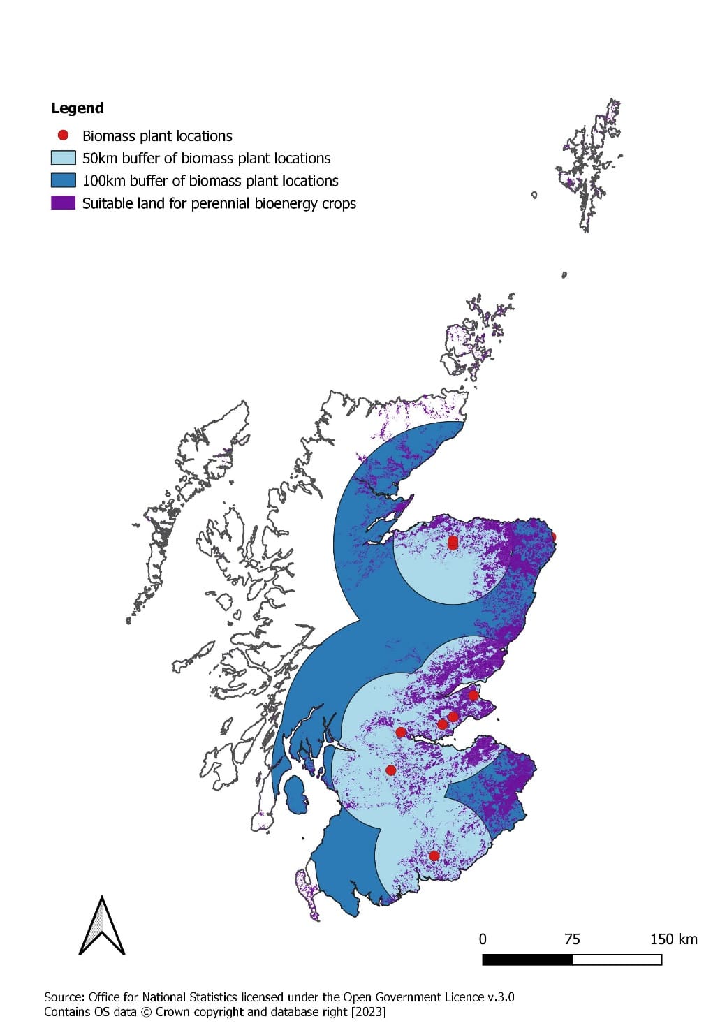 Map of Scotland showing a zone of 50km and 100km around  locations of main biomass plants and the locations of potential biomass growing locations. 