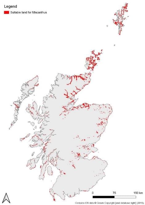 Map of Scotland showing land suitable for growing Miscanthus. A very small suitable area, scattered across the country in small patches.