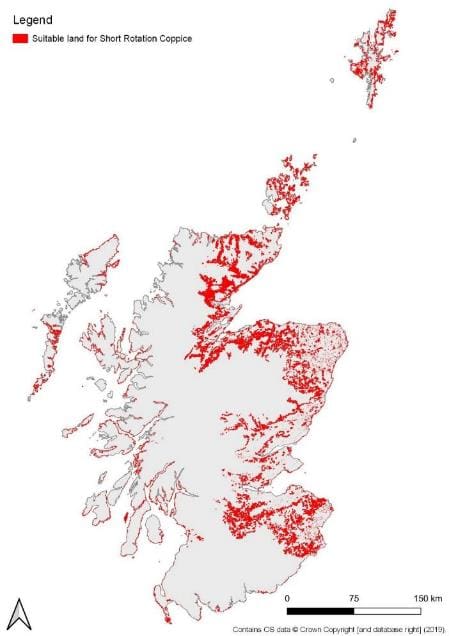 Map of Scotland showing land suitable for growing Short Rotation Coppice. As with Short Rotation Forestry, this is mostly in the Eastern Part of the country but with small area of land.