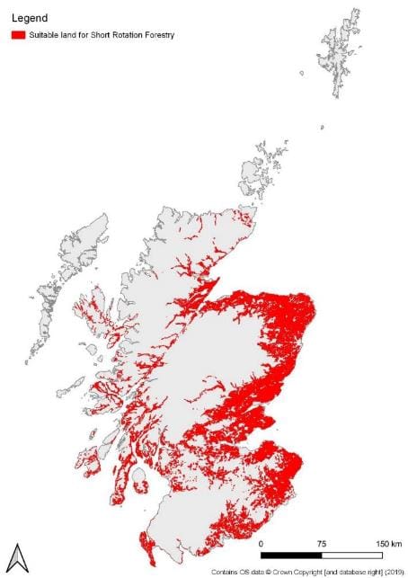 Map of Scotland showing land suitable for Short Rotation Forestry, mostly located along the Eastern side of the country.