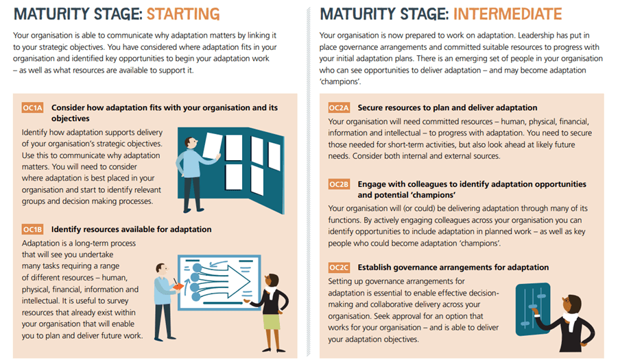 A screenshot of an infographic which describes the "Starting" and "Intermediate" stages of the Capability Framework. At the "Starting" stage an organisation would need to carry out activities such as "consider how adaptation fits with your organisation and its objectives". At the "Intermediate" stage, the organisation would need to undertake activities such as securing resources and establishing governance arrangements for adaptation.