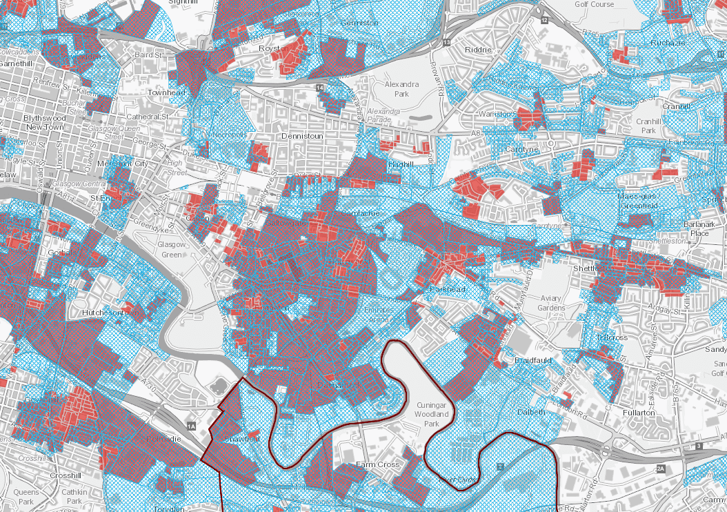 A screenshot of a map that shows a number of different neighbourhoods within a settlement. The map is colour coded to highlight which neighbourhoods are most likely to be affected by heat and flooding. The map shows some areas that will be highly affected by both. 