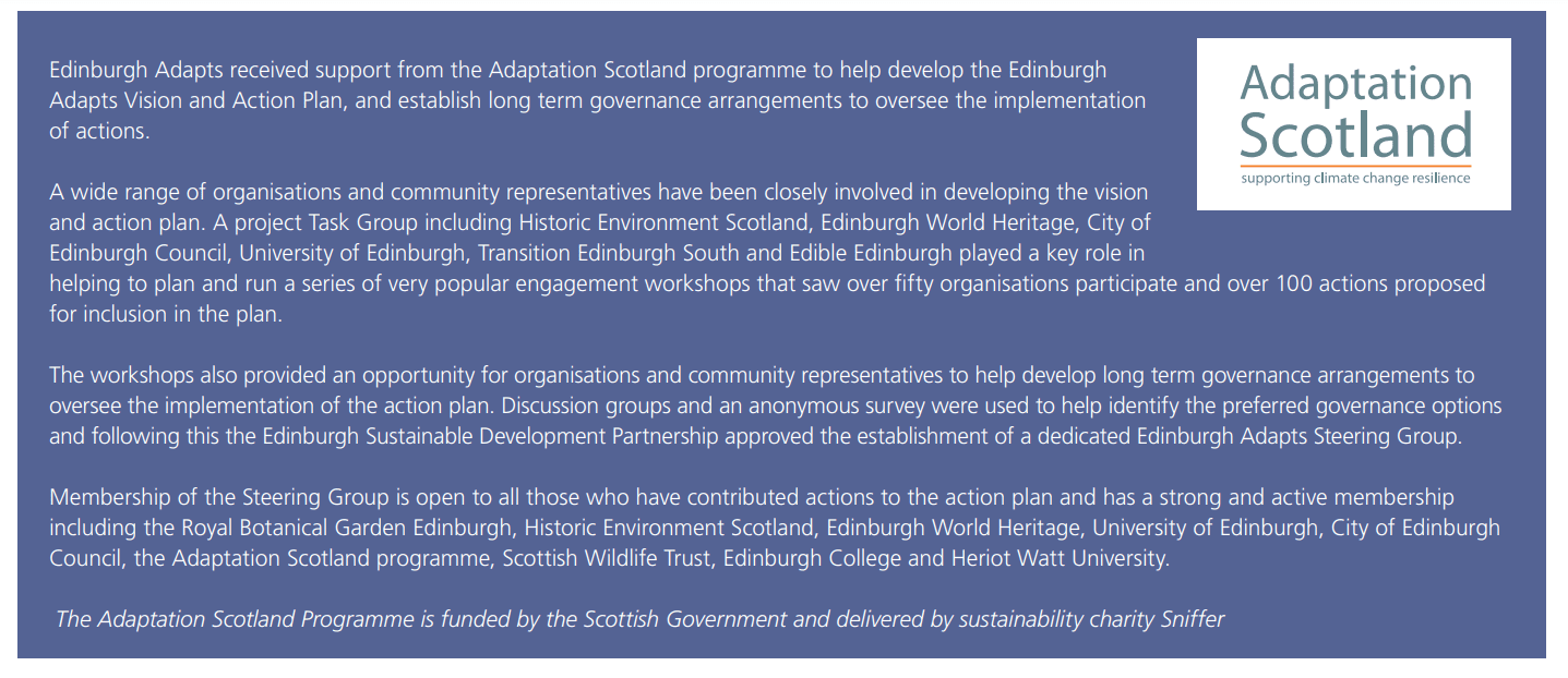 A screenshot of the description of stakeholder input within the Edinburgh Adapts Climate Change Action Plan, including public bodies, heritage organisations, universities, and community representatives.