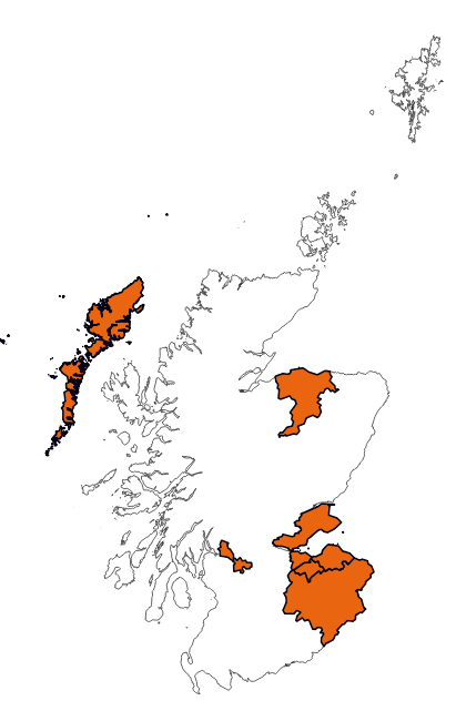 A map of Scotland, highlighting local authorities who were involved in the study. The LAs highlighted are the Western Isles, Moray, West Dumbarton, Glasglow City, the Lothians, the Borders and Fife