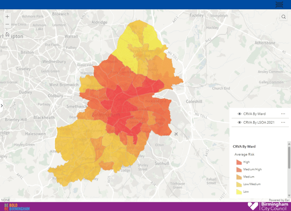 A screenshot of the Birmingham City Council Climate Risk and Vulnerability Map showing the climate risk layer. The climate risk layer ranges from low (yellow) to high (red).