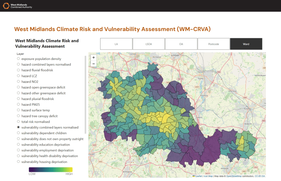 A screenshot of the West Midlands Combined Authority Climate Risk and Vulnerability Map showing the climate vulnerability layer. The climate vulnerability layer ranges from low (blue) to high (yellow).