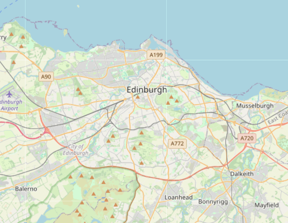 A Small map - it is showing an area the size of Edinburgh
